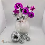 Dekorácia na tortu – guličky Disko +hviezdičky/strieborná +cyklaménová-HUNTRIX/sada 156