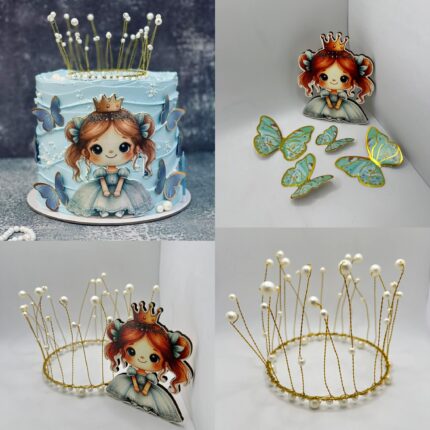 dekorácia na tortu - SADA - korunka + princezná-magnetka + zelené motýle