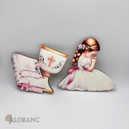 Dekorácia na tortu/magnetka prijímanie – modliace sa dievčatko + kalich + biblia