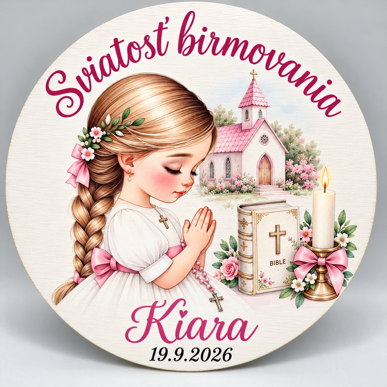 f144016c-af9e-439e-aeab-a30a3fdd1c75 dekorácia na tortu/magnetka Sviatosť birmovania – dievčatko + meno – Obrázok 1